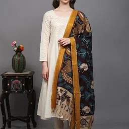 Exotic India Floral Printed Cotton Silk Kalamkari Dupatta From Telangana-image-68