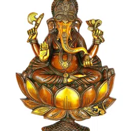 Exotic India Brown 19" Lord Ganesha Seated On Lotus Wall Hanging In Brass-image-60