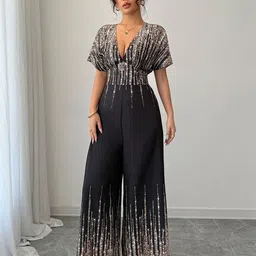 Outzidr Women Shimmer Plunge Neck Basic Jumpsuit-image-80
