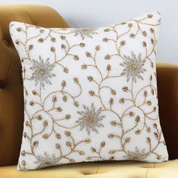 Mezposh White & Gold-Toned Floral Embroidered Faux Silk Square Cushion Covers-image-41