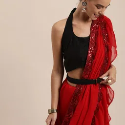 KALINI Red Checked Poly Georgette Saree image 5