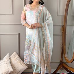 KALINI Ethnic Motifs Printed V-Neck Zari Organza Straight Kurta With Trousers And Dupatta-image-47