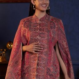 Zamour Abstract Printed Longline Jacquard Cape Jacket with Embroidered-4