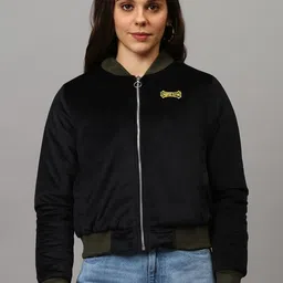 Campus Sutra Women Black Windcheater Crop Outdoor Bomber Jacket-picture-4