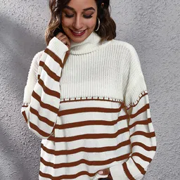 StyleCast Women Brown & White Striped Acrylic Pullover-3