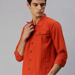 VOXATI Men Orange Colourblocked Denim Jacket with Embroidered-15