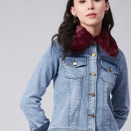 StyleStone Women Maroon Lapel Collar Washed Denim Jacket-picture-7