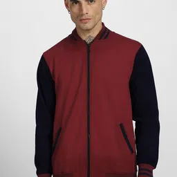 VEIRDO Blue & Maroon Graphic Printed Stand Collar Fleece Bomber Jacket-image-38