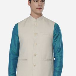 JADE BLUE Men Cream-Coloured Checked Nehru Jacket-picture-47