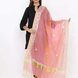 SOUNDARYA Peach-Coloured & Silver-Coloured Embroidered Gota Patti Dupatta-42