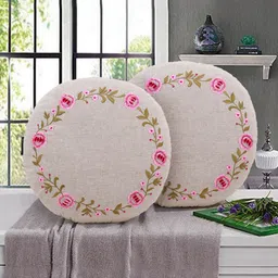 Mezposh Set Of 2 Beige & Green Floral Printed Cotton Chambray Round Cushion Covers-picture-34