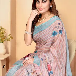 MORDEN MUSE Floral Printed Cotton Linen Saree With Blouse Piece-picture-48