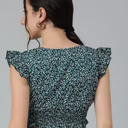 Kotty Floral Print Flutter Sleeve Crepe Crop Top image 5