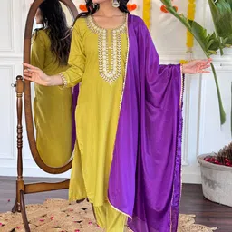 Ekta Textiles Women Embroidered Thread Work A-Line Kurti with Pyjamas & With Dupatta-picture-41