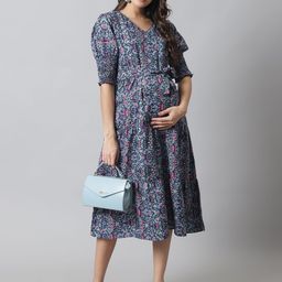 Moms Maternity Floral Print Puff Sleeve Crepe Maternity Fit & Flare Midi Dress-image-95