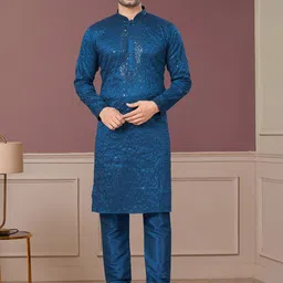 OUTLUK Men Embroidered Regular Sequinned Pure Silk Kurta with Pyjamas-picture-20