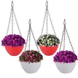 Kuber Industries Red & White 4 Pieces Textured Durable Hanging Planters-13