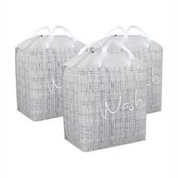 Aura 3Pcs Grey & White Jute Printed Foldable Laundry Bags With Handles - 106 L Each-7
