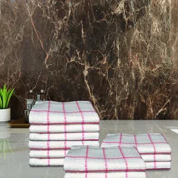 Athom Living White & Pink 12 Pieces Checked Pure Cotton 210 GSM Quick Dry Hand Towels-14