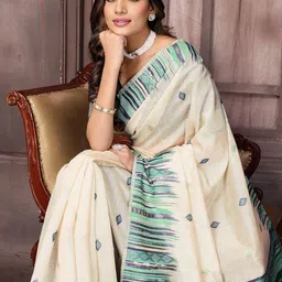 Janasya Women Beige & Blue Chanderi Geometric Woven Saree with Unstitched Blouse Piece-image-78