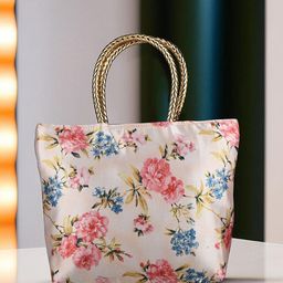 Kuber Industries 6-Pcs Floral Printed Silk Handle & 1 Outer Zip Pocket Small Handbags-image-17