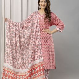 FrionKandy Floral Printed Embellished Pure Cotton Straight Kurta With Trouser And Dupatta-image-5