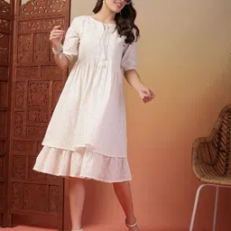 Indibelle Women Self Design Tie-Up Neck Fit and Flare Dress-image-54