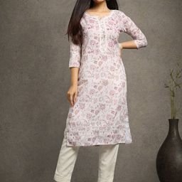 Sangria Floral Printed Notched Round Neck Sequinned Straight Kurta-image-84