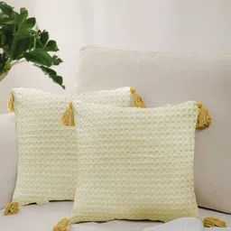 URBAN SPACE Beige 2 Pieces Checked Pure Cotton Square Cushion Covers-image-80