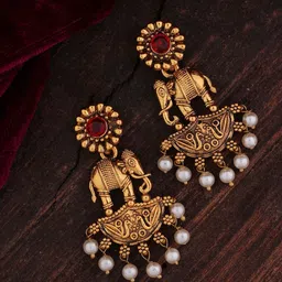 SHONA'S STYLE Brass-Plated Garnet & Pearls Beaded Elephant Shaped Antique Drop Earrings-34