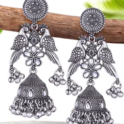 DIVASTRI Silver-Plated Pearls Beaded & Kundan Studded Peacock Shaped Oxidised Jhumkas-11