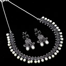 PANASH Oxidized Silver-Plated White & Black Artificial Stone-Studded Beaded Handcrafted Jewellery Set-5