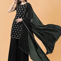 PARROT CREATION Geometric Embroidered Georgette Straight Kurti With Sharara & Dupatta-image-44