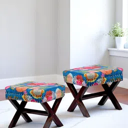 Ikiriya Pack Of 2 Blue & Red Printed Wooden Rectangle Ottomans-8