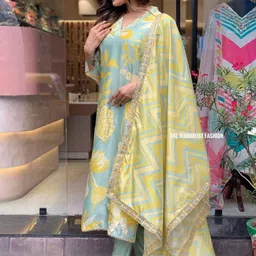 S.K.C Floral Printed Sequinned V-Neck Straight Kurta With Trouser & Dupatta-picture-18