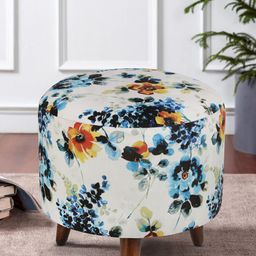 GLOBALLY INDIAN White & Blue Printed Round Puff Ottoman-50