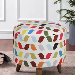 GLOBALLY INDIAN White Printed Wooden & Velvet Round Puff Ottoman-22