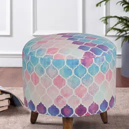 GLOBALLY INDIAN Pink & Blue Printed Round Puff Ottoman-43
