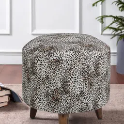 GLOBALLY INDIAN Grey Printed Wooden & Velvet Round Puff Ottoman-33