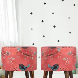 GLOBALLY INDIAN Set of 2 Peach-Colored Printed Wooden & Velvet Round Puff Ottomans-10