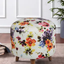 GLOBALLY INDIAN Off white & Orange Floral Printed Round Puff Ottoman-21
