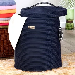 Pano Navy Blue Textured Laundry Bag With Lid-46