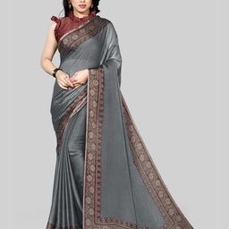 KALINI Grey & Maroon Woven Design Chiffon Bagh Saree-image-70