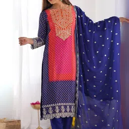 NIZA FASHION Bandhani Printed Round Neck Kurta With Trousers & Dupatta-picture-48