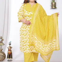KALINI Plus Size Floral Printed Pure Cotton Empire Anarkali Kurta With Trousers & Dupatta-image-46