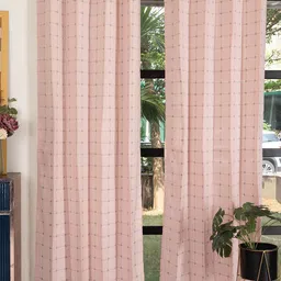 URBAN SPACE Pink & Grey 2 Pieces Embroidered Cotton Long Door Curtains-image-91