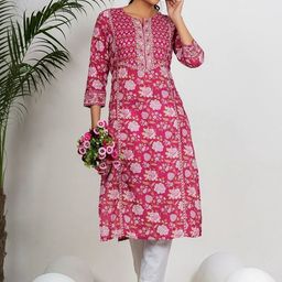 KALINI Women Pink Printed Cotton Straight Kurtas-picture-21