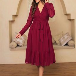 KAJODI Women Solid Georgette A-Line Dress-image-64