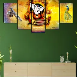 SAF Gold-Toned & White 5 Pieces Lord Ganesh Religious Printed Wooden Wall Art-image-79