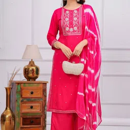 Meeranshi Women Ethnic Motifs Embroidered Regular Thread Work Kurta with Palazzos & With Dupatta image 4